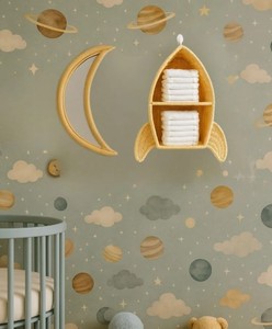 Étagère murale en rotin naturel artisanal en forme de fusée avec 2 compartiments à niveaux pour la chambre d'enfant, la crèche, le rangement à domicile - Product Image 6