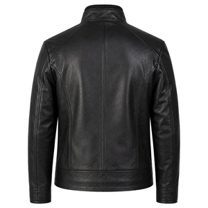 Veste de moto en cuir véritable noir pour homme avec col à boucle, boutons-pression, poches sur la poitrine et poches latérales zippées - Product Image 2