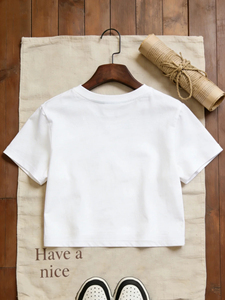 Stars Logo Crop <b>Top</b> Women Short Sleeve Casual T-Shirt White Crew Neck Loose Fit Jersey Cotton Summer Fashion Graphic Tee - Product Image 2