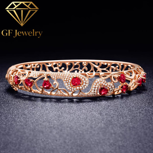 Victorian Openwork Hollow Bangle <b>Bracelet</b> lab Heart‑Cut <b>Ruby</b> With Pave Diamond Accents 18K Rose Gold Vintage Luxury Fine Jewelry - Product Image 5