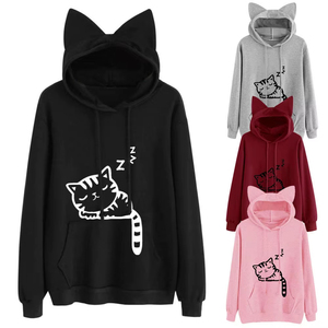 Sweat-shirt à capuche pour femme, nouvelle qualité, manches longues, imprimé chat mignon et oreilles, poche kangourou, cordon de serrage - Product Image 3