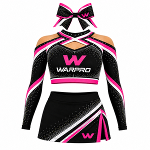 ชุดยูนิฟอร์มเชียร์ลีดเดอร์ WARP สีดำชมพู ประดับคริสตัล พิมพ์ลายแบบ Sublimation เสื้อครอปแขนยาว กระโปรง สำหรับผู้ใหญ่ ผู้หญิง - Product Image 1