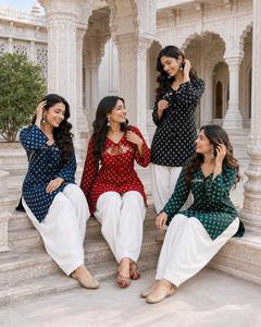 Kurti indio de algodón puro con estampado Bandhej y pantalones Farsi blancos, conjunto de kurti indio informal tradicional para mujer con borde de encaje Kodi - Product Image 5
