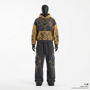 Custom <b>Women</b> Black Mustard Color Block Rhinestone Hoodie Cargo <b>Jogger</b> Set Cotton <b>Fleece</b> Streetwear Tracksuit Wholesale - Product Image 4