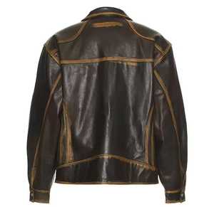 Men's Genuine <b>Leather</b> <b>Biker</b> <b>Jacket</b> Stand Collar Zipper Closure Regular Fit Solid Color Waterproof Winter Wear Color Blocking - Product Image 4