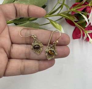 Handmade Tiger Eye Oval Gemstone <b>Earrings</b> Gold Plated Brass Vintage <b>Hook</b> <b>Earrings</b> Fashion Jewelry for Women - Product Image 1