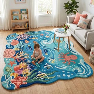 Colorful Underwater Coral Reef Kids Rug Soft Ocean Theme Rug Hand Tufted Rug For Nursery Playroom Bedroom Learning Floor Decor - Product Image 4