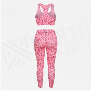 Ensemble de yoga 2 pièces imprimé léopard rose, haut court dos nageur et leggings taille haute longueur intégrale en Spandex Polyester extensible dans les quatre sens - Product Image 2