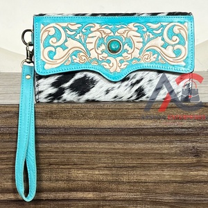Western Luxury Style Tooled Cowhide Leather Wristlet <b>Wallet</b> with Turquoise Concho Vintage Floral Embossed Clutch Purse for Women - Product Image 1