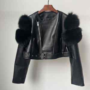 Nouvelle veste en cuir de mouton véritable noire à la mode, courte, avec fourrure de renard véritable, veste en cuir courte pour femmes - Product Image 2