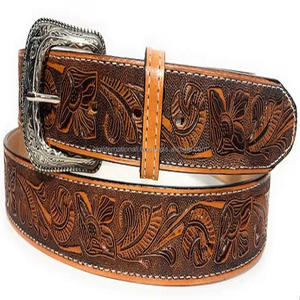 Ceinture de cow-boy en cuir véritable gaufré de style occidental avec coutures à bord blanc et boucle à ardillon nickelée de créateur - Product Image 4