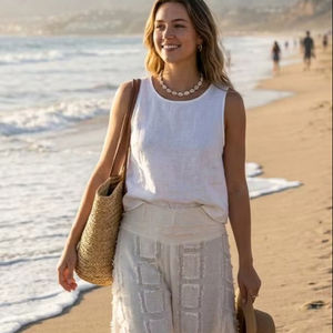 Pantalones Palazzo de Lino Blancos Elegantes de Cintura Alta y Pierna Ancha, Ligeros y Transpirables, con Camisetas de Lino, Gran Venta 2026 - Product Image 1