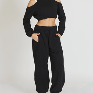 Pantalones Deportivos de Mujer Premium para Invierno, Cintura Alta, Forro Polar Negro, 100% Algodón, Corte Holgado, Pierna Ancha, Secado Rápido - Product Image 1