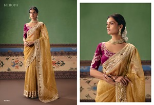 Golden Silk <b>Saree</b> with Purple Embroidered <b>Blouse</b> Traditional Indian Wedding Wear for Women Floor-Length Sari Outfit - Product Image 2