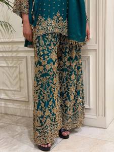 Ensemble Salwar Kameez brodé bleu sarcelle avec palazzo et dupatta – Tenue ethnique pour femme pour mariage, fête et festival - Product Image 3