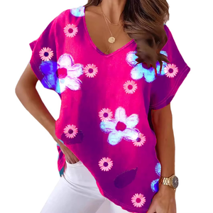 Venta al por mayor: Nuevo estilo de verano para mujer, camiseta holgada de algodón y elastano con estampado de flores de manzanilla, transpirable, antipilling, cuello en V y manga corta. - Product Image 1