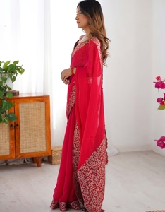 ผ้าส่าหรีปักลายสีชมพู KV พร้อมเสื้อท่อนบนแบบยังไม่เย็บติดกับกางเกง - Product Image 4