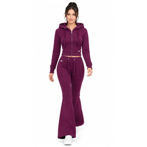 Women's <b>Burgundy</b> Hooded Tracksuit Full Length Zipper Fly Side Pockets Casual Style Solid Color Regular Fit Autumn Wear - Product Image 2