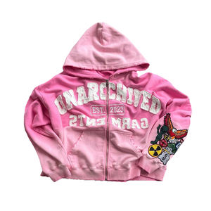 Sweat à capuche rose zippé pour homme en molleton de coton avec logo imprimé sur le devant, style streetwear automne, manches classiques - Product Image 3