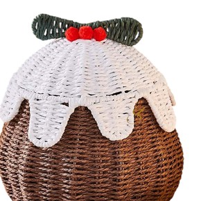 Festive Christmas Pudding Shaped Seagrass Storage <b>Basket</b> Cute Holiday <b>Gift</b> <b>Basket</b> Handwoven Xmas Decor Bin with Holly Lid - Product Image 2