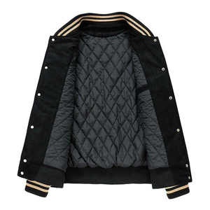 Veste varsity noire pour homme, corps en laine, manches en cuir PU, boutons pression, style baseball, coupe classique confortable, automne - Product Image 2