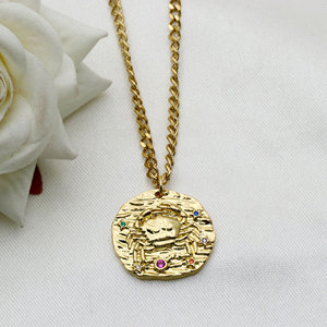 925 Silver Gold Plated <b>Cancer</b> Zodiac Pendant <b>Necklace</b> Textured Crab Medallion Colorful CZ Curb Chain Wholesale - Product Image 2