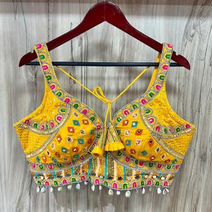 Yellow Embroidered Loose Woven Abaya Blouse Satin Front Logo Modest Women Party <b>Top</b> <b>Beaded</b> Mirror Detail - Product Image 3