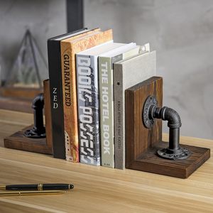 Industrial Pipe <b>Bookends</b> Rustic Solid Wood Heavy Duty Metal Pipe Book Ends Vintage Farmhouse Bookshelf Organizer Decorative Book - Product Image 5