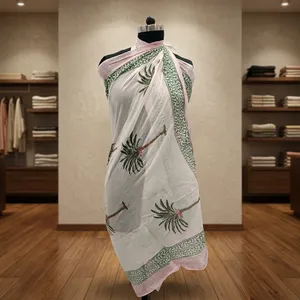 White Hand Block Printed Cotton Sarong with Green Palm Tree Motifs Lightweight Indian <b>Beach</b> <b>Wrap</b> Pareo for Women - Product Image 6