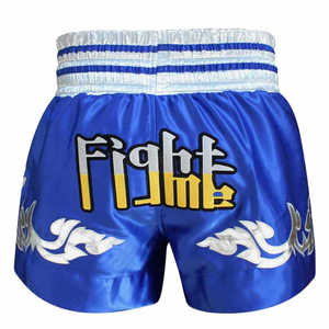 Pantalones Cortos de Muay Thai Azul Brillante con Bordado Dorado en Letras Tailandesas, Pantalones Tradicionales para Entrenamiento de Kickboxing - Product Image 2