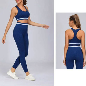 Conjunto de Yoga de Dos Piezas Azul Sólido con Nervaduras, Top Corto Racerback y Shorts de Cintura Alta, Ropa Deportiva Transpirable Sin Costuras de Spandex y Poliéster - Product Image 6
