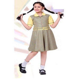 Uniforme escolar para niñas con servicio OEM, vestido de delantal azul combinado con cuadros lisos y logotipo personalizado de fabricante para niños - Product Image 2