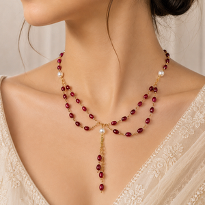 Custom Rhodium Plated <b>Necklace</b> Red <b>Ruby</b> Gemstone Beaded Dual Layer Lariat Pearl Tassel Drop Chain Fine Women Luxury Gift Jewelry - Product Image 1