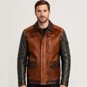 Veste en cuir PU pour homme, couleur personnalisée, style sportif, design patchwork, coupe classique, imperméable, logo sur le devant, pour l'hiver - Product Image 1