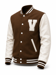 Chaqueta Varsity Unisex Marrón con Mangas Blancas, Parche Bordado con la Letra V, Estilo Urbano, Cuello Camisero, Corte Regular, Ropa de Invierno - Product Image 1