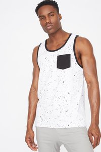 Camiseta sin mangas para hombre, blanca con manchas, con bolsillo negro, cuello redondo, estilo casual - Product Image 1
