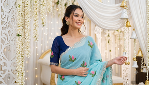 Sari de Rayón Azul Claro con Bordado Floral y Borde Plateado, Traje Tradicional de Boda para Mujer, Estilo India-Pakistán, Largo hasta el Suelo - Product Image 6