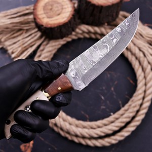 Couteau Bowie à lame fixe en acier Damas fait main, pour la chasse, le bushcraft, le camping et l'EDC, manche en os et bois de rose, fabricant direct. - Product Image 3