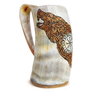 Jarra de Cuerno Hecha a Mano con Diseño de Dragón Pintado, Forma Natural, Artículo de Colección Artístico - Product Image 1