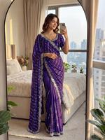 Sari indien traditionnel pour mariage en soie satinée avec broderie de sequins, matériaux recyclés - Tenue de soirée pour femmes