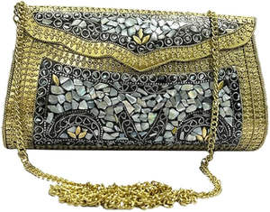 Bolso de mano clásico de metal con cristales y ágata, bandolera de noche con diamantes de imitación, estilo vintage, al por mayor - Product Image 2