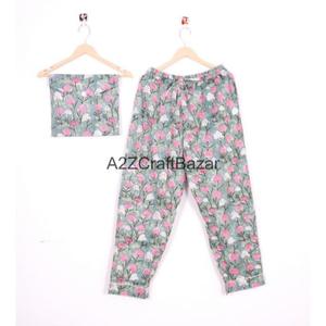 Conjunto de Pijama de 2 Piezas para Mujer, Estilo Bohemio Romántico, Suave y Liso, 100% Algodón, Top y Pantalones - Product Image 2