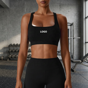 Women's Backless Halter Sports Bra-Solid Black Square Neck Medium Support Quick Dry Printed Front Back Logo Four-Way Stretch - Product Image 3