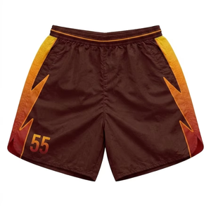 Premium 120 GSM nylon <b>windbreaker</b> shorts brown orange gradient lightning panel sublimation logo Nylon Plain Dyed - Product Image 1