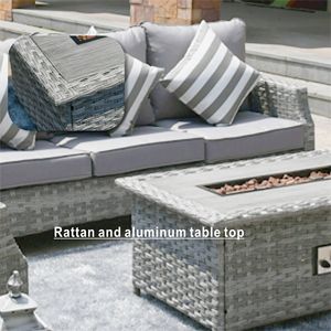 5-Piece Gray Cushioned Wicker Patio Fire Pit Sectional Seating Set with <b>Low</b> and Tall <b>Tables</b> - Product Image 4