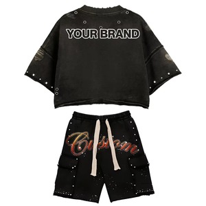 Conjunto de Camiseta y Pantalones Cortos con Estampado Personalizado, Estilo Oversize, Calidad Premium, Hombros Caídos, Manga Corta, Estilo Desgastado, Unisex, Ropa Urbana, OEM - Product Image 3