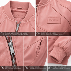 Blush Pink Genuine Lambskin <b>Leather</b> Cropped Bomber Jacket Womens Petal Stitched Panel Rib Hem Metal Zip Custom OEM Wholesale - Product Image 6