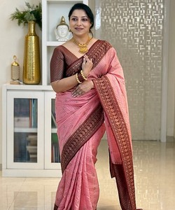 Pink Banarasi <b>Saree</b> <b>Maroon</b> Border Women Ethnic Quick Dry Casual Floor Length Regular All Seasons 85169 TWT 1095 - Product Image 1