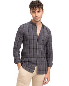 Camisa de hombre a cuadros gris carbón con cuello de banda, de algodón y poliéster, corte ajustado, manga larga, con botones, estilo casual, para compradores mayoristas. - Product Image 1