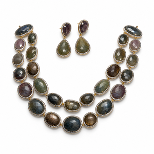 Ensemble collier et boucles d'oreilles en argent 925 plaqué or avec pierres précieuses multicolores facettées à double couche pour femmes, cadeau de mariage, bijoux - Product Image 4